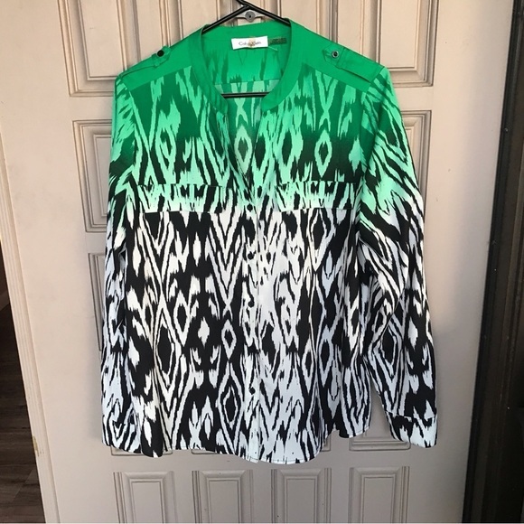 Calvin Klein Blouse SzM Graphic Gradient Print No Collar Button Down Long Sleeve - Picture 4 of 7